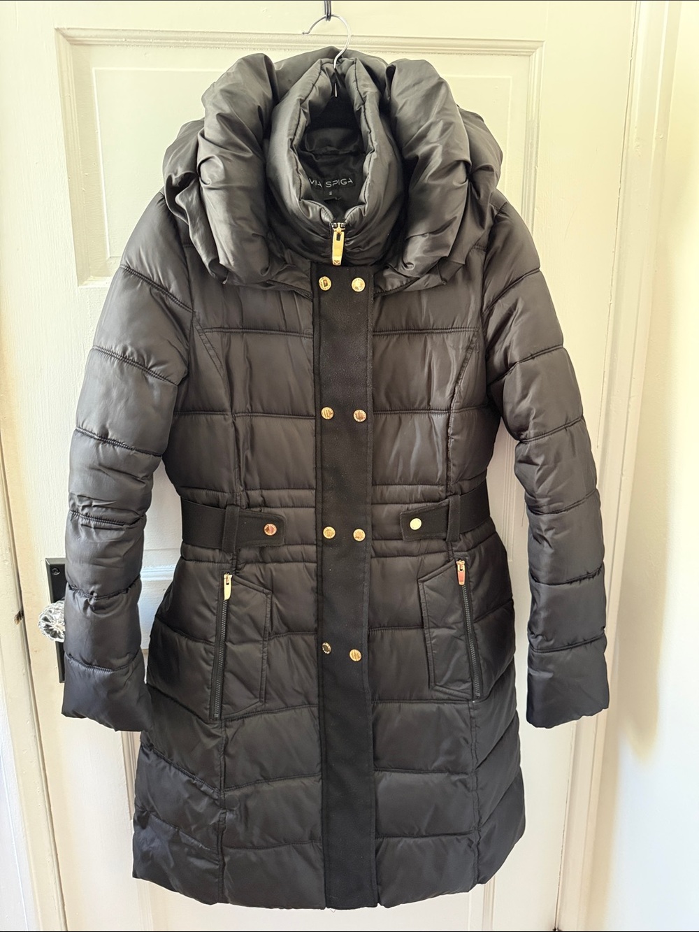 Via Spiga Black Quilted Belted Puffer with Gold Hardware